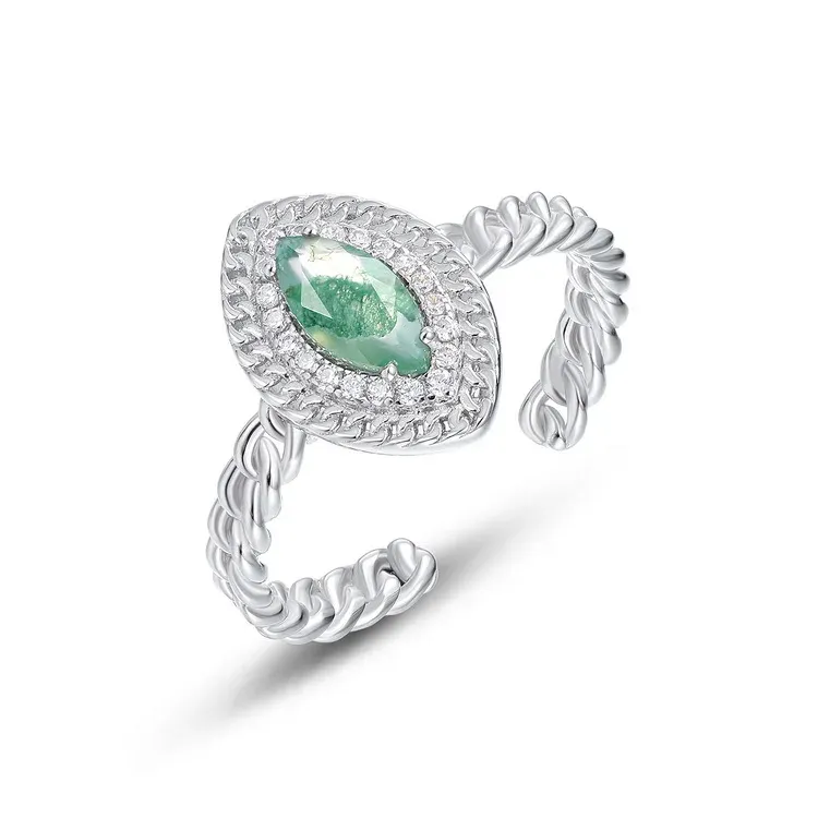 JewelyKing S925 Sterling Silver Moss Agate Gemstone Engagement Promise Ring JKRS0193