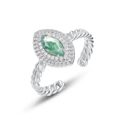 JewelyKing S925 Sterling Silver Moss Agate Gemstone Engagement Promise Ring JKRS0193