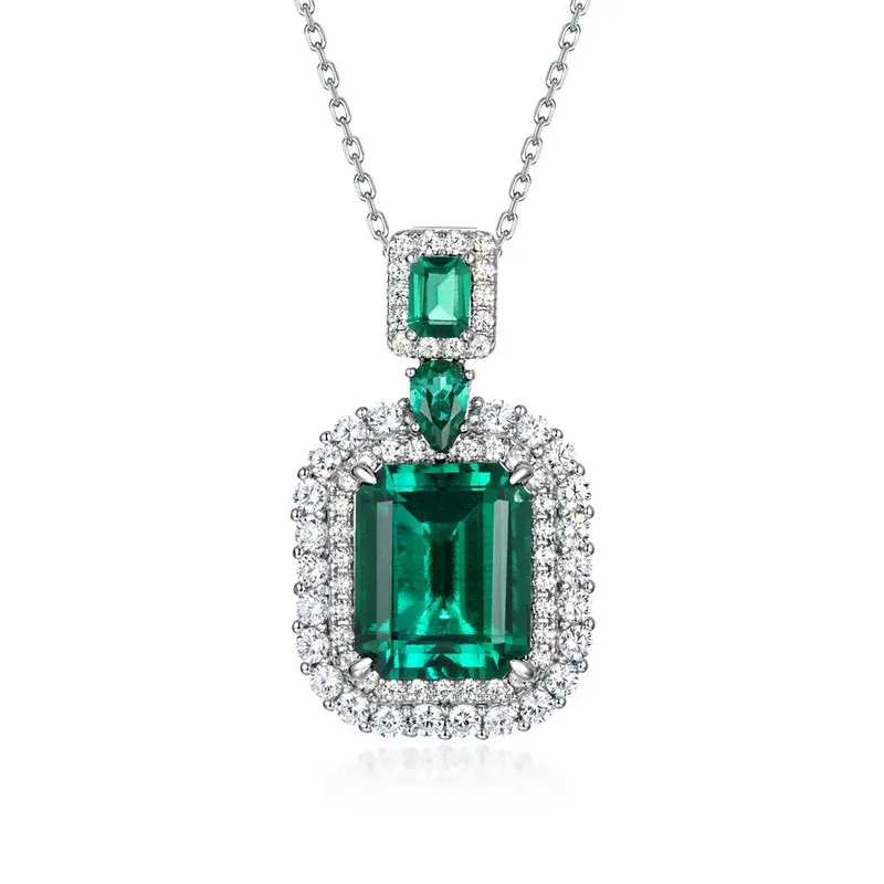 Lab Grown Emerald Necklace S925 Sterling Silver Radiant Cut Pendant Retro Light Luxury Clavicle Pendant
