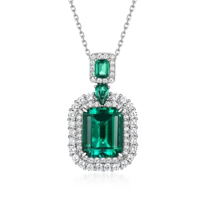 Lab Grown Emerald Necklace S925 Sterling Silver Radiant Cut Pendant Retro Light Luxury Clavicle Pendant