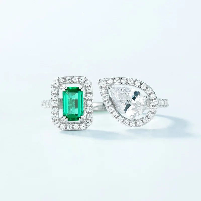 Fine Jewelry Geometric Cultivated Emerald S925 Silver FullColored Gemstones Light Luxury Open Finger Ring Retro Personality Ring