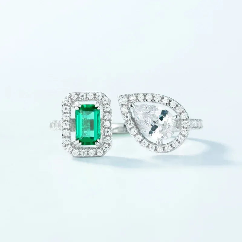 Fine Jewelry Geometric Cultivated Emerald S925 Silver FullColored Gemstones Light Luxury Open Finger Ring Retro Personality Ring