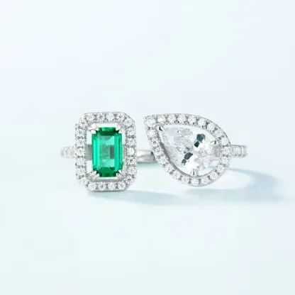 Fine Jewelry Geometric Cultivated Emerald S925 Silver FullColored Gemstones Light Luxury Open Finger Ring Retro Personality Ring