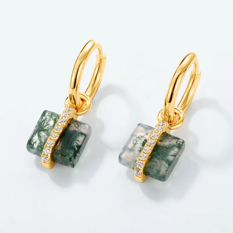 Jewelyking S925 Sterling Silver 14K Gold Plated Square Moss Agate Dangle Huggie Hoop Pave CZ Accent Minimalist Geometric Earrings JKES0102