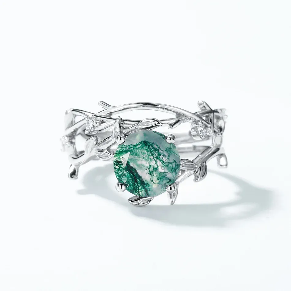 JewelyKing S925 Sterling Silver Green Moss Agate Hexagon Cut Natural Gemstone Vine Leaf CZ Accent Adjustable Solitaire Ring JKRS0159