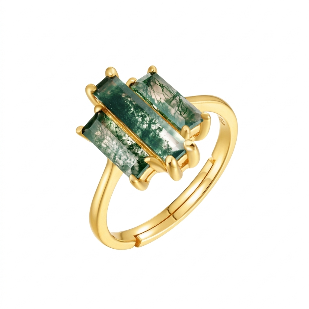 JewelyKing S925 Sterling Silver Gold Moss Agate Ring  JKRS0137