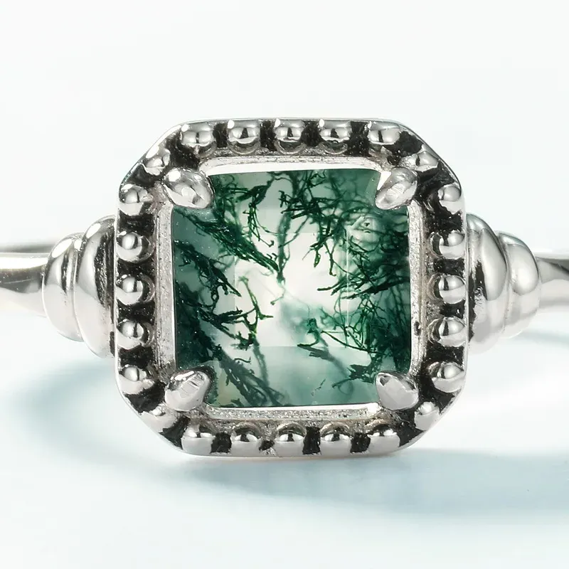 JewelyKing S925 Sterling Silver Natural Moss Agate Oval Shape Gemstone Ring JKRS0166