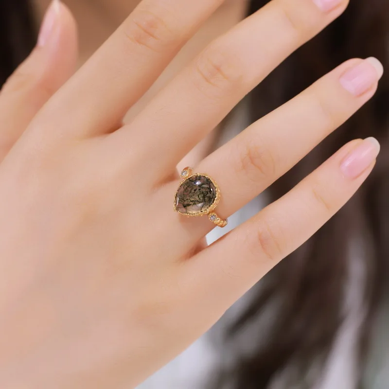JewelyKing S925 Silver Water Drop Natural Green Moss Stone Inlaid Water Grass Agate Finger Ring JKRS0157