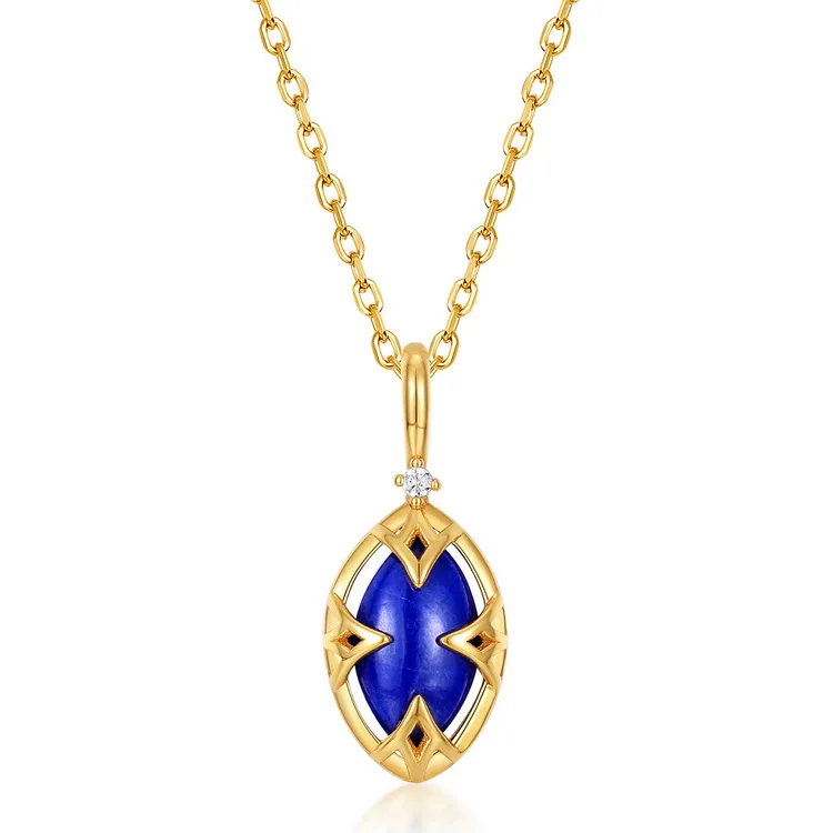 JewelyKing S925 Marquise Lapis Lazuli  Crystal Blue Gemstone  Pendant Long Necklace JKNS0170