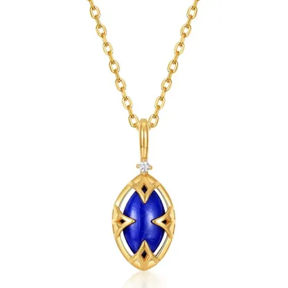 JewelyKing S925 Marquise Lapis Lazuli  Crystal Blue Gemstone  Pendant Long Necklace JKNS0170