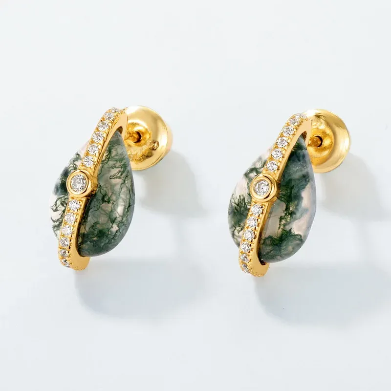 Jewelyking S925 Sterling Silver Elegant Retro Gold Plated Natural Green Moss Agate Earrings JKES0094