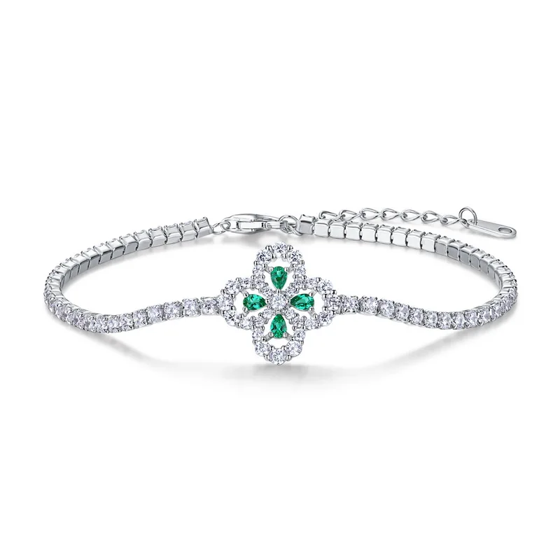 Fine Jewelry Pear Cut Lab Grown Emerald Flower Shaped 925 Sterling Silver Bracelets for Women Anniversary Gifts