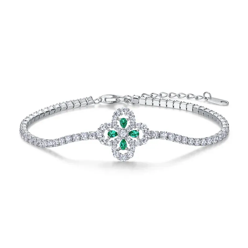 Fine Jewelry Pear Cut Lab Grown Emerald Flower Shaped 925 Sterling Silver Bracelets for Women Anniversary Gifts