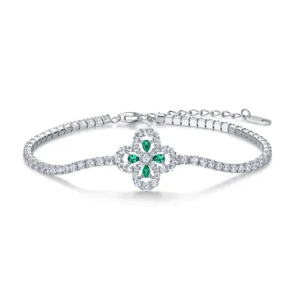 Fine Jewelry Pear Cut Lab Grown Emerald Flower Shaped 925 Sterling Silver Bracelets for Women Anniversary Gifts