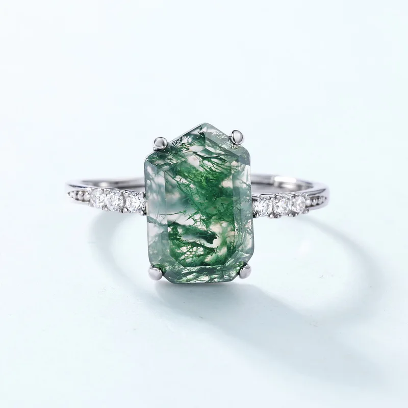 JewelyKing S925 Sterling Silver Green Moss Natural Agate Stone Elegant Handmade Gemstone Ring JKRS0177