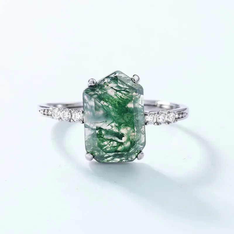 JewelyKing S925 Sterling Silver Green Moss Natural Agate Stone Elegant Handmade Gemstone Ring JKRS0177
