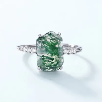 JewelyKing S925 Sterling Silver Green Moss Natural Agate Stone Elegant Handmade Gemstone Ring JKRS0177