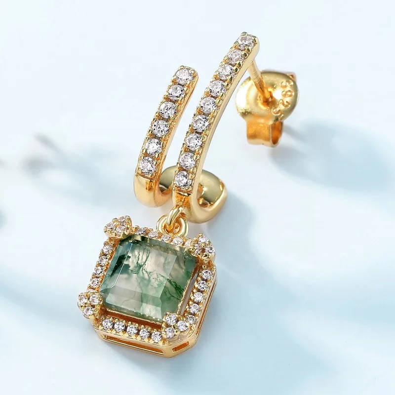Jewelyking S925 Sterling Silver Natural Green Moss Agate Stone 18k Gold Drop Earrings Wedding JKES0083
