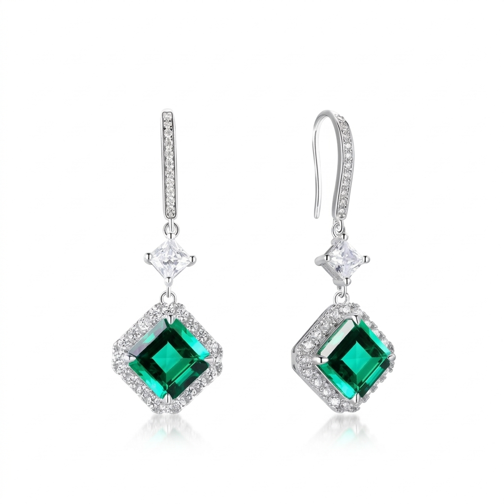 JewelyKing S925 Sterling Silver Iced Out Cubic Zirconia Square CZ Crystal Diamond Drop Hook Earrings