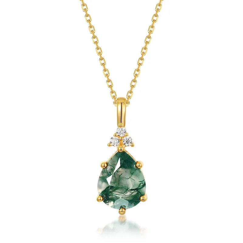 Jewelyking S925 Silver Kite Natural Moss Agate 18K Gold Plated Halo CZ Pendant Necklace JKNS0105