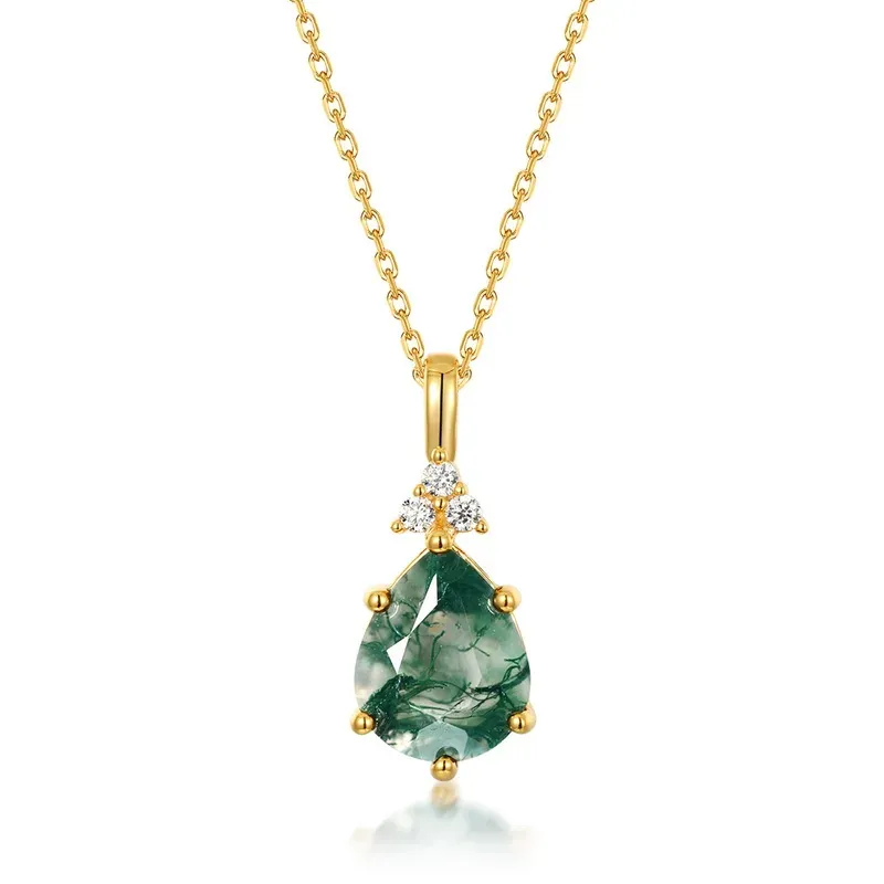 Jewelyking S925 Silver Kite Natural Moss Agate 18K Gold Plated Halo CZ Pendant Necklace JKNS0105