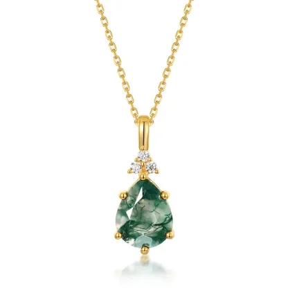 Jewelyking S925 Silver Kite Natural Moss Agate 18K Gold Plated Halo CZ Pendant Necklace JKNS0105