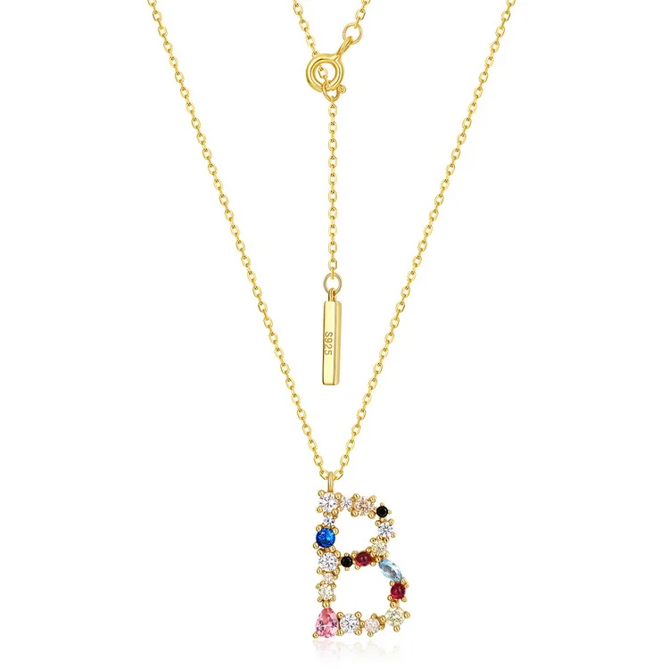 JewelyKing S925 Silver Gold Plated Rainbow Initial Letter Zircon Pendant Chain Necklace JKNS0133