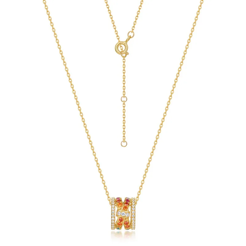 JewelyKing S925 Sterling Silver 14K Gold Plated Enamel Zircon Barrel Pendant Necklace JKNS0166