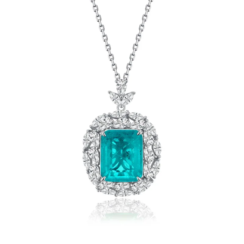 JewelyKing S925 Sterling Silver Green Emerald Cut Pendant Necklace JKNS0173