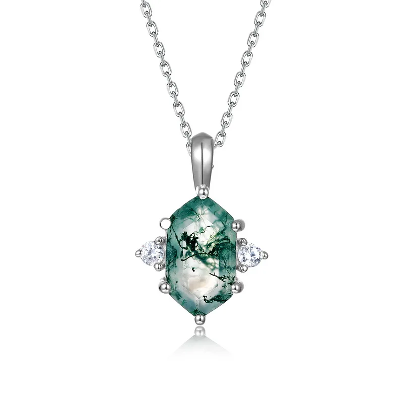 JewelyKing S925 Sterling Silver Moss Agate Hexagon Cut Natural Green Moss Stone  Necklace JKNS0026