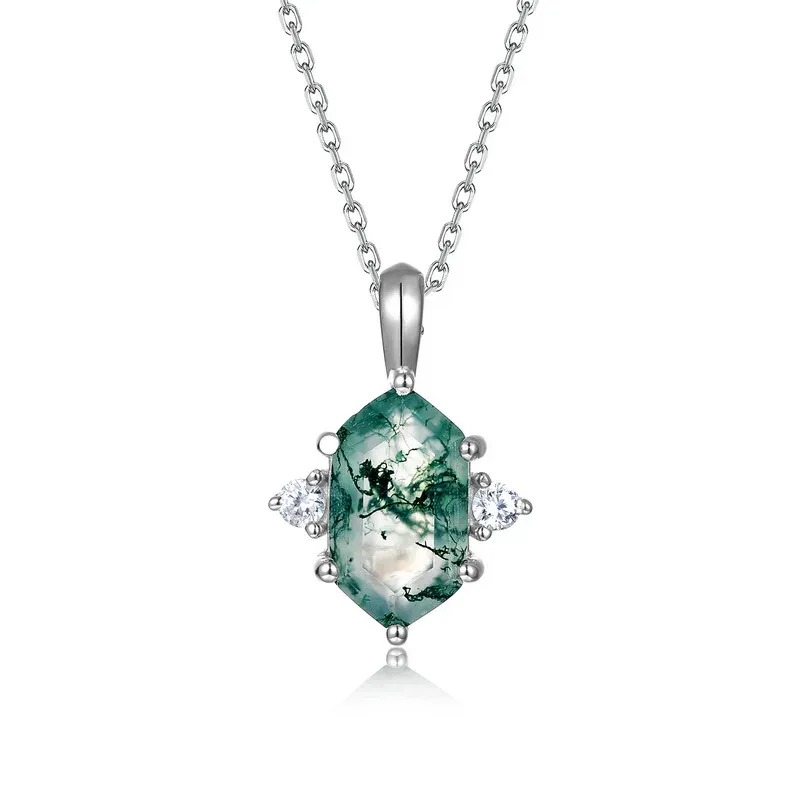 JewelyKing S925 Sterling Silver Moss Agate Hexagon Cut Natural Green Moss Stone  Necklace JKNS0026