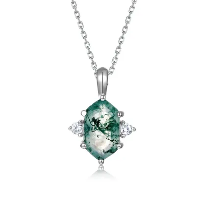 JewelyKing S925 Sterling Silver Moss Agate Hexagon Cut Natural Green Moss Stone  Necklace JKNS0026