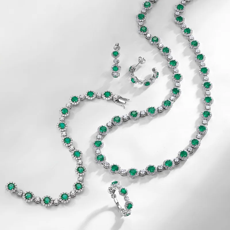 Full Diamond Lab Emerald Earrings S925 Sterling Silver Inlaid Colored Gemstone Light Luxury Personality Earrings
