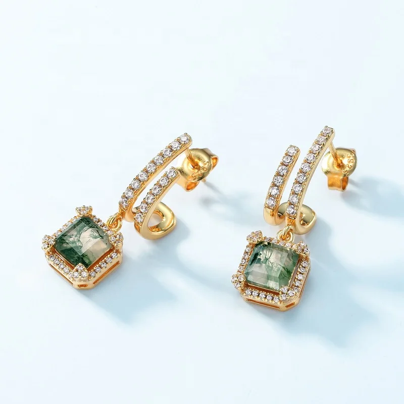 Jewelyking S925 Sterling Silver Natural Green Moss Agate Stone 18k Gold Drop Earrings Wedding JKES0083