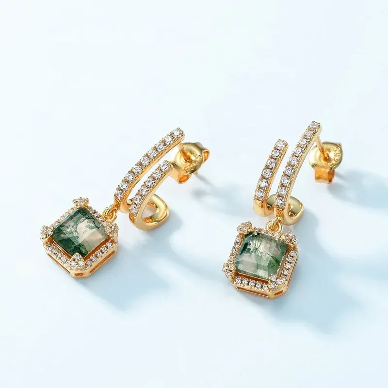 Jewelyking S925 Sterling Silver Natural Green Moss Agate Stone 18k Gold Drop Earrings Wedding JKES0083