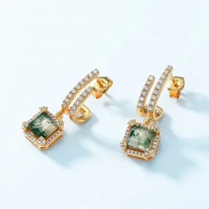 Jewelyking S925 Sterling Silver Natural Green Moss Agate Stone 18k Gold Drop Earrings Wedding JKES0083