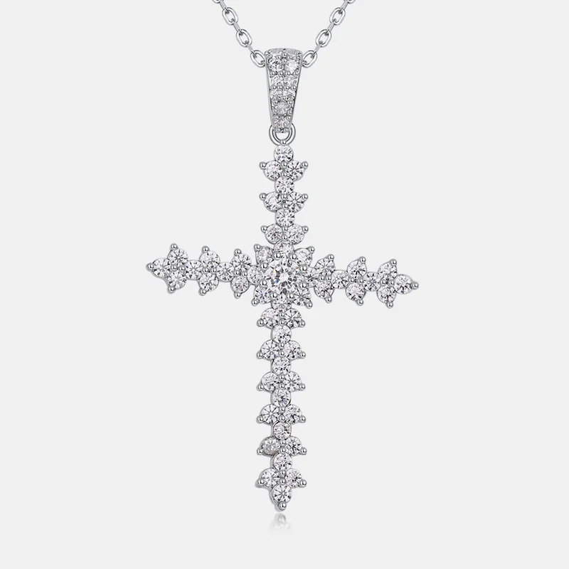 JewelyKing S925 Sterling Silver Cross Moissanite Diamond Cross Pendant Necklaces JKNS0144