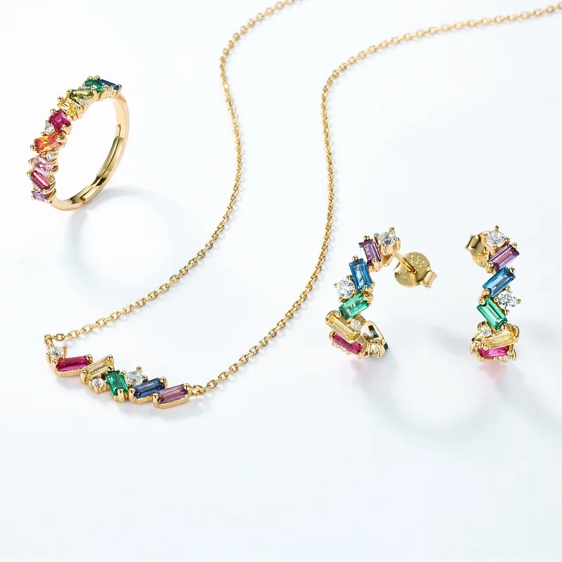 925 Silver Gold Plated Multicolor Zirconia Rainbow Cz Stones Bar Diamond Stud Earring for Women