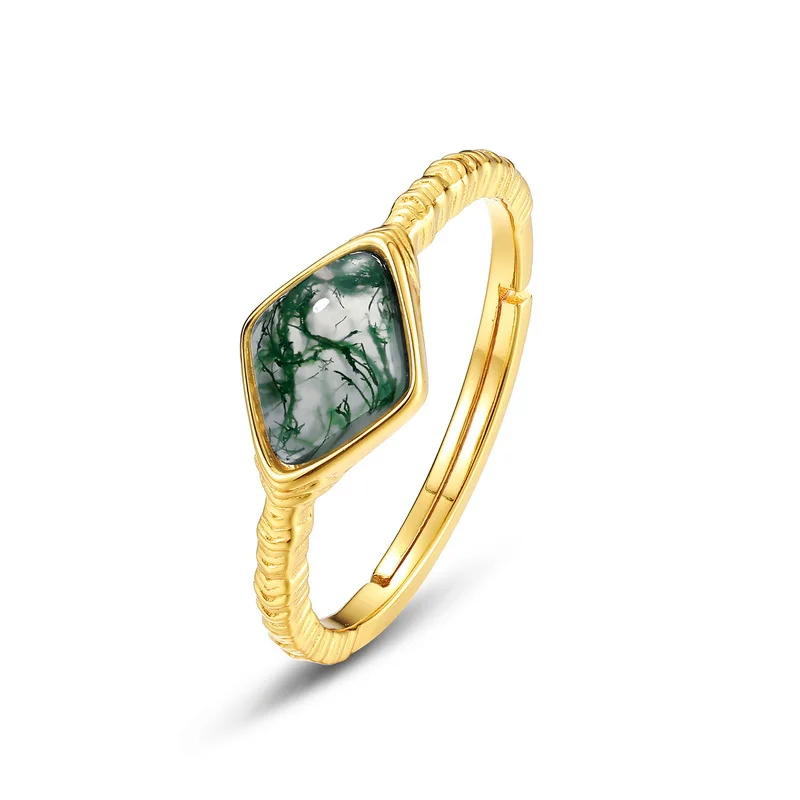 JewelyKing S925 Sterling Silver Boho Gemstone Gold Plating Sqquare Natural Green Moss Agate Ring JKRS0218