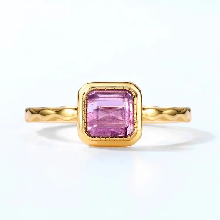 JewelyKing  S925 Sterling Silver square Amethyst Trendy Adjustable Engagement Ring JKRS0264