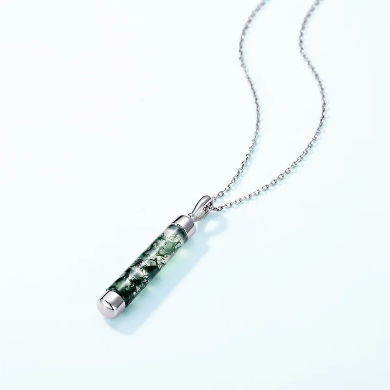 JewelyKing S925 Sterling Silver Natural Green Moss Agate Cylinder Bezel Set Minimalist Bar Necklace JKRS0031