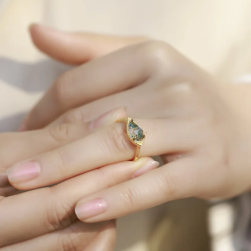 JewelyKing S925 Silver Silver 18k Gold Plated  Vintage Natural Green Moss Agate Emerald Claw Ring JKRS0170