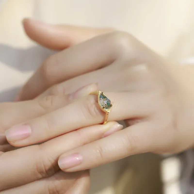 JewelyKing S925 Silver Silver 18k Gold Plated  Vintage Natural Green Moss Agate Emerald Claw Ring JKRS0170