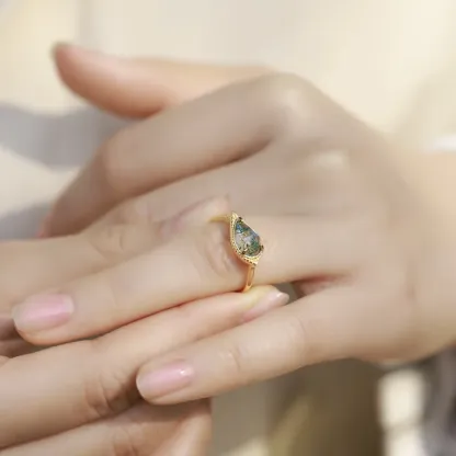 JewelyKing S925 Silver Silver 18k Gold Plated  Vintage Natural Green Moss Agate Emerald Claw Ring JKRS0170