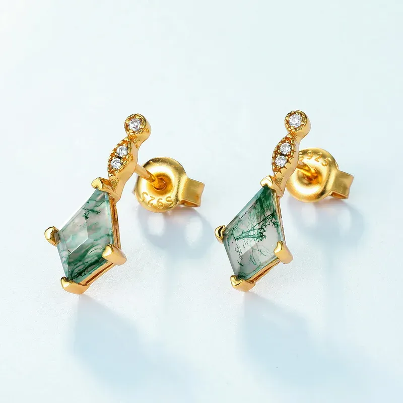 Jewelyking S925 Sterling Silver Natural Green Moss Agate Stone Kite Cut Moss Agate Earrings JKES0066