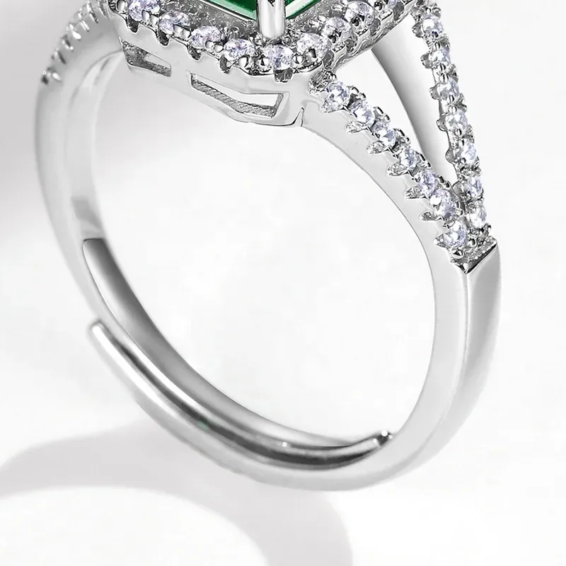 Wholesale Silver 925 Green Gemstone Open Jewelry Luxury Cubic Zirconia Ring Lab Grown Emerald Engagement Ring