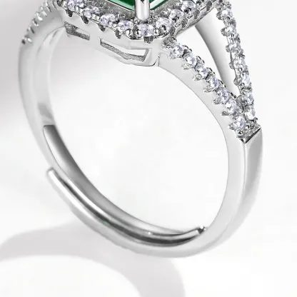 Wholesale Silver 925 Green Gemstone Open Jewelry Luxury Cubic Zirconia Ring Lab Grown Emerald Engagement Ring