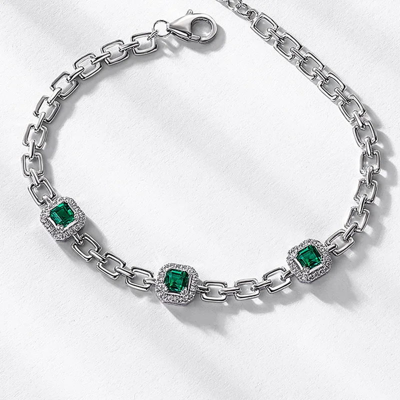 925 Sterling Silver Emerald Chain Vivid Lab Grown Emerald Bracelet Flower Lab Grown Emeralds Bracelet for Women