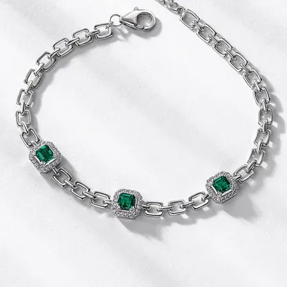 925 Sterling Silver Emerald Chain Vivid Lab Grown Emerald Bracelet Flower Lab Grown Emeralds Bracelet for Women