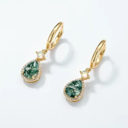 JewelyKing S925 Sterling Silver Pear Cut Moss Agate Opal Halo Drop Earrings JKES0012